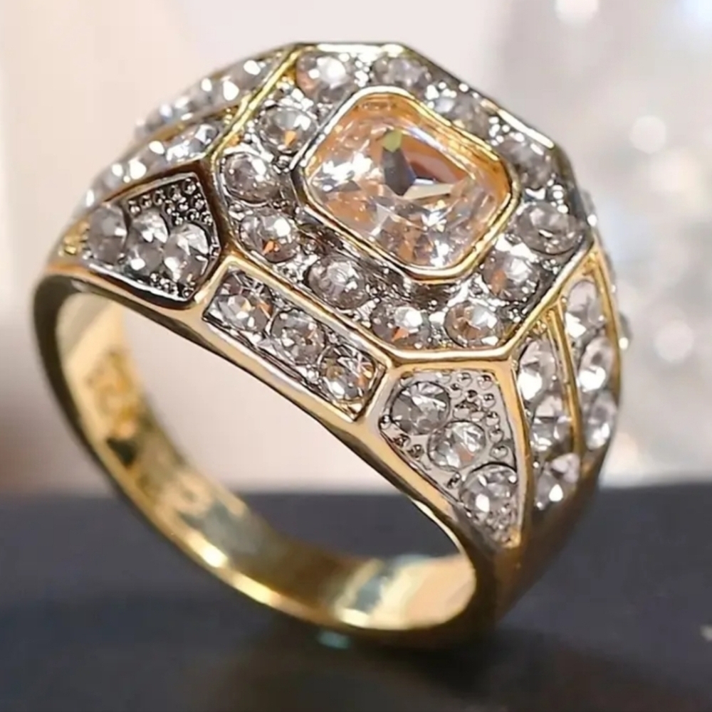 Classic Men's Gold and Silver Art Deco Ring with Diamond Accents Sz 11 - Picture 3 of 13
